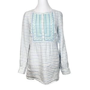 Vineyard Vines Linen Top Womens Size 2 Beach Blue Green Embroidered Tunic Boho